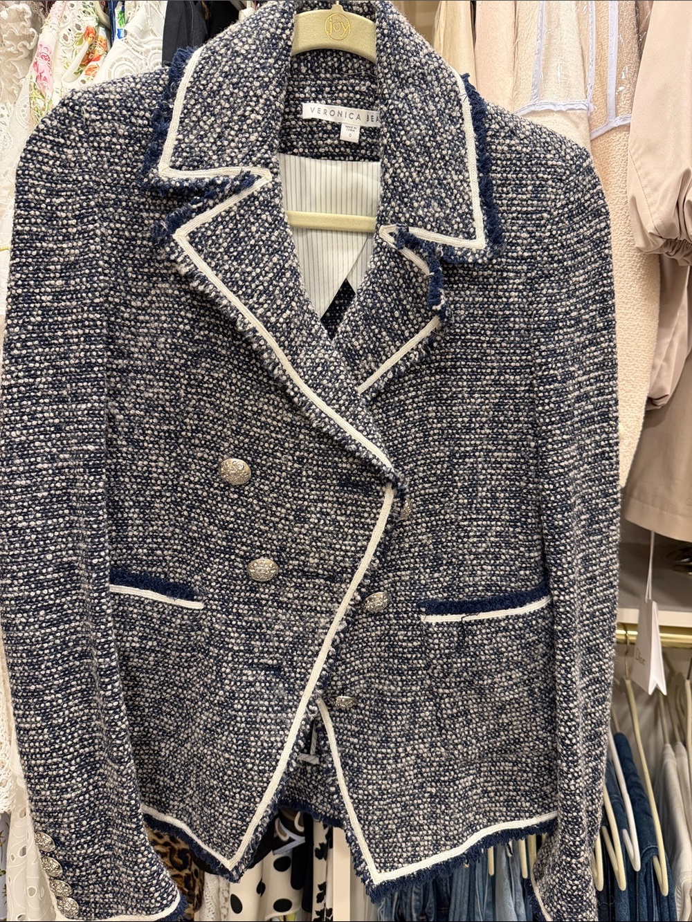 Veronica Beard Navy and White Tweed Double-Breasted Blazer